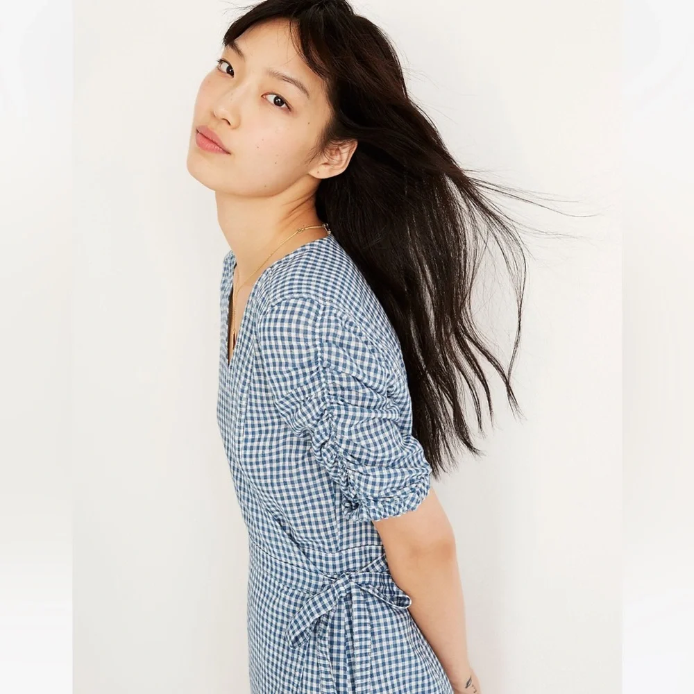 Madewell | Gingham Shirred-Sleeve Wrap Dress - Picture 8 of 8
